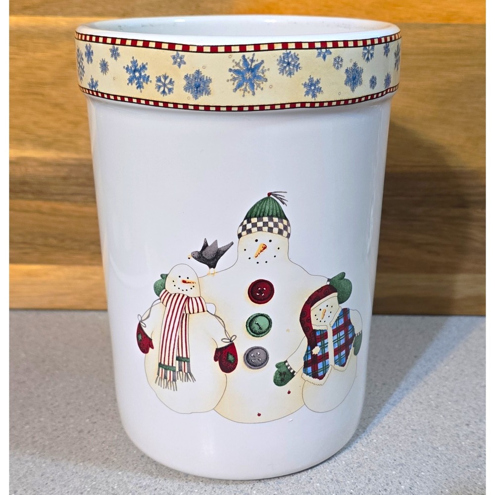Sakura Debbie Mumm Snowflakes Snowman Ceramic Canister 16 oz MW/DS Safe 7.5"